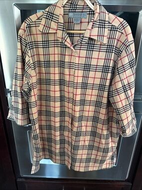 Women’s  Beige Plaid Button-Up Shirt